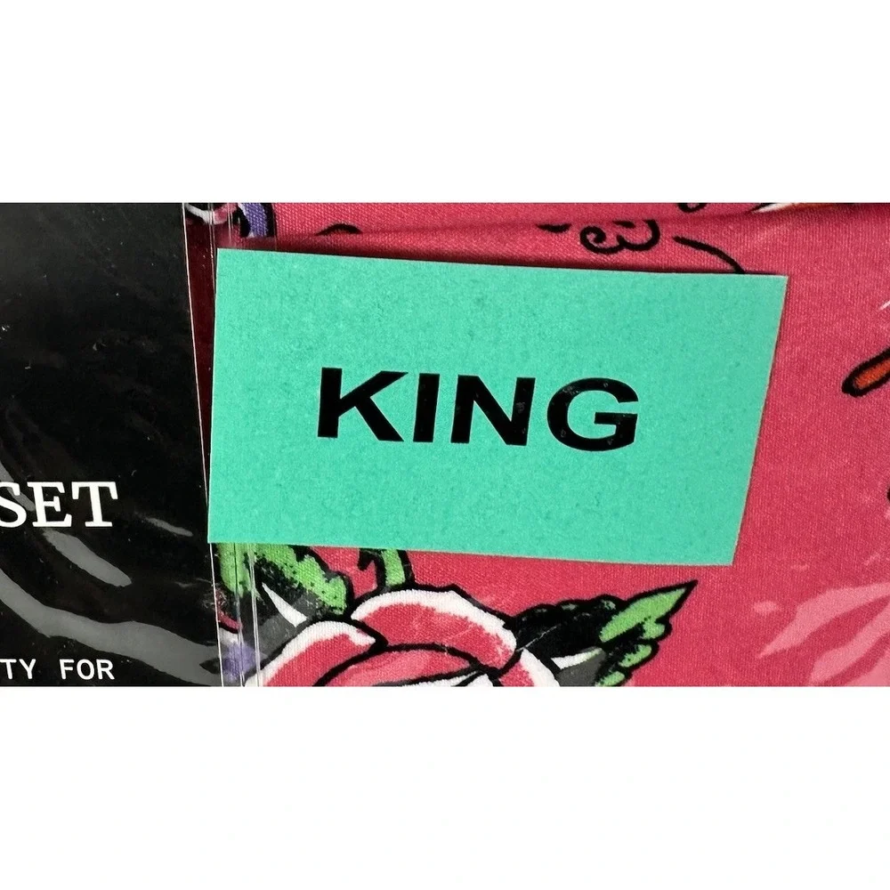 Ed Hardy King Size 6-Piece Sheet Set Pink Skull Rose Tattoo Print 4 Pillowcases